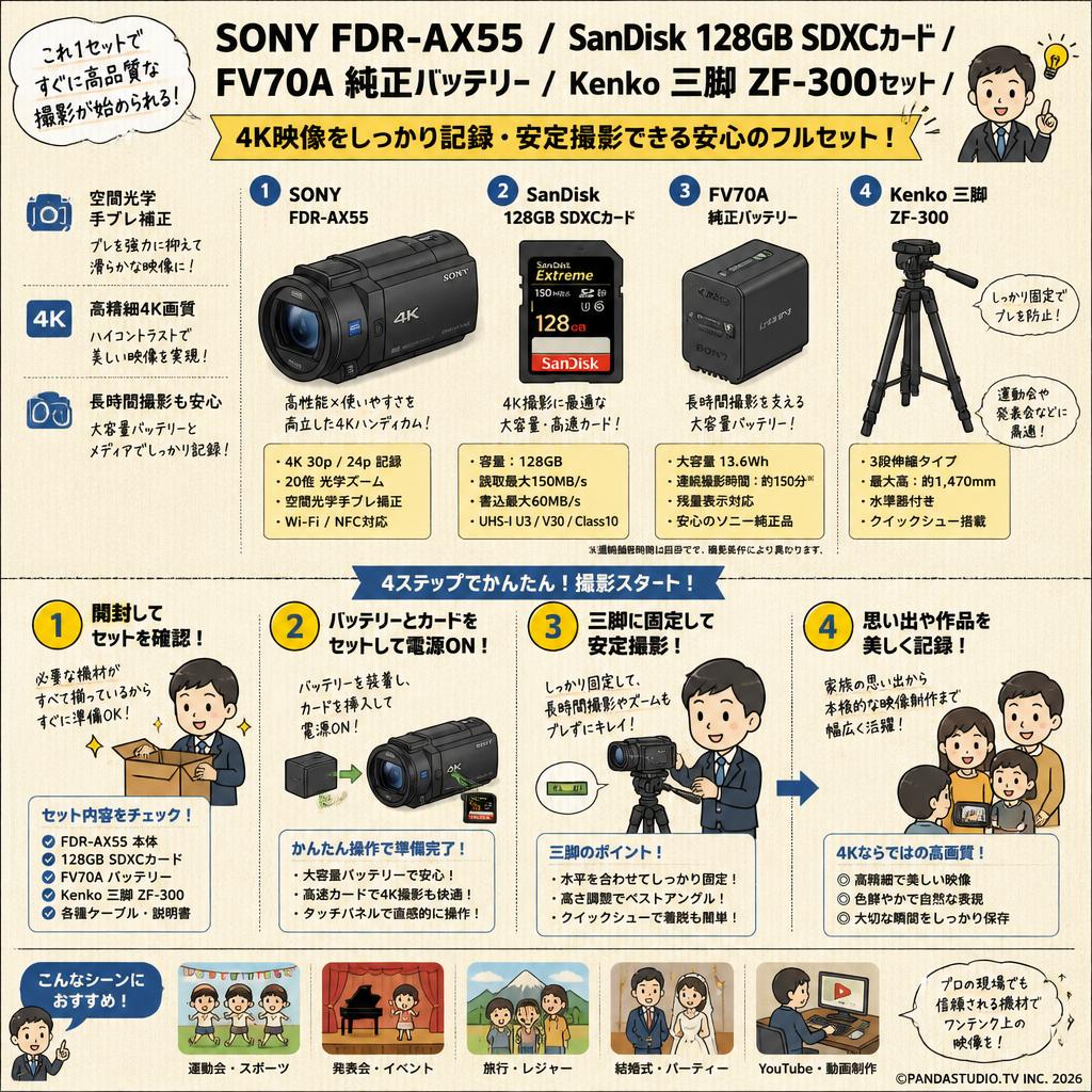 SONY FDR-AX55 / SanDisk 128GB SDXCカード/ FV70A 純正バッテリー/ Kenko 三脚 ZF-300セット 概要