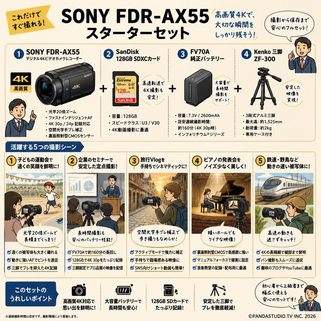SONY FDR-AX55 / SanDisk 128GB SDXCカード/ FV70A 純正バッテリー/ Kenko 三脚 ZF-300セット 用途