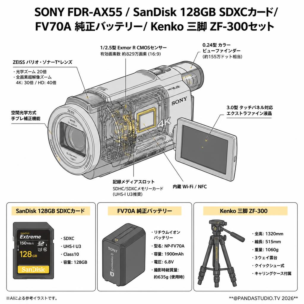 SONY FDR-AX55 / SanDisk 128GB SDXCカード/ FV70A 純正バッテリー/ Kenko 三脚 ZF-300セット スペック