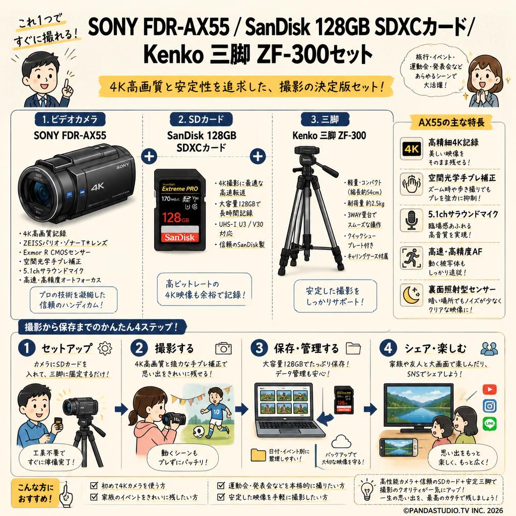 SONY FDR-AX55 / SanDisk 128GB SDXCカード/ Kenko 三脚 ZF-300セット 概要