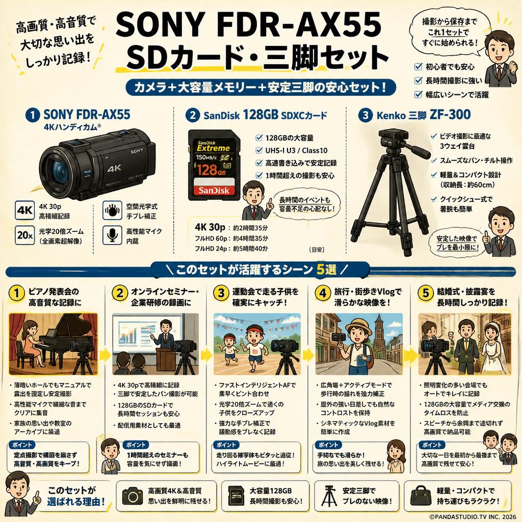 SONY FDR-AX55 / SanDisk 128GB SDXCカード/ Kenko 三脚 ZF-300セット 用途