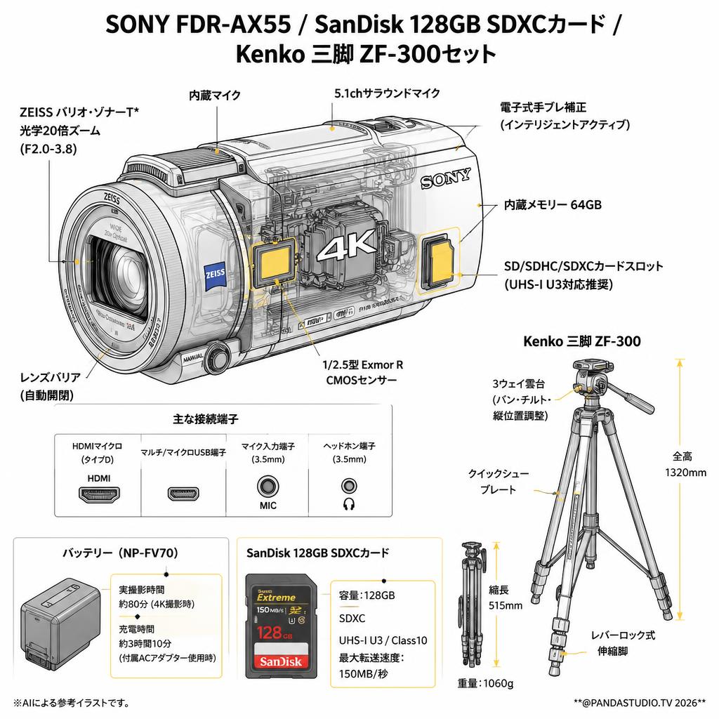 SONY FDR-AX55 / SanDisk 128GB SDXCカード/ Kenko 三脚 ZF-300セット スペック
