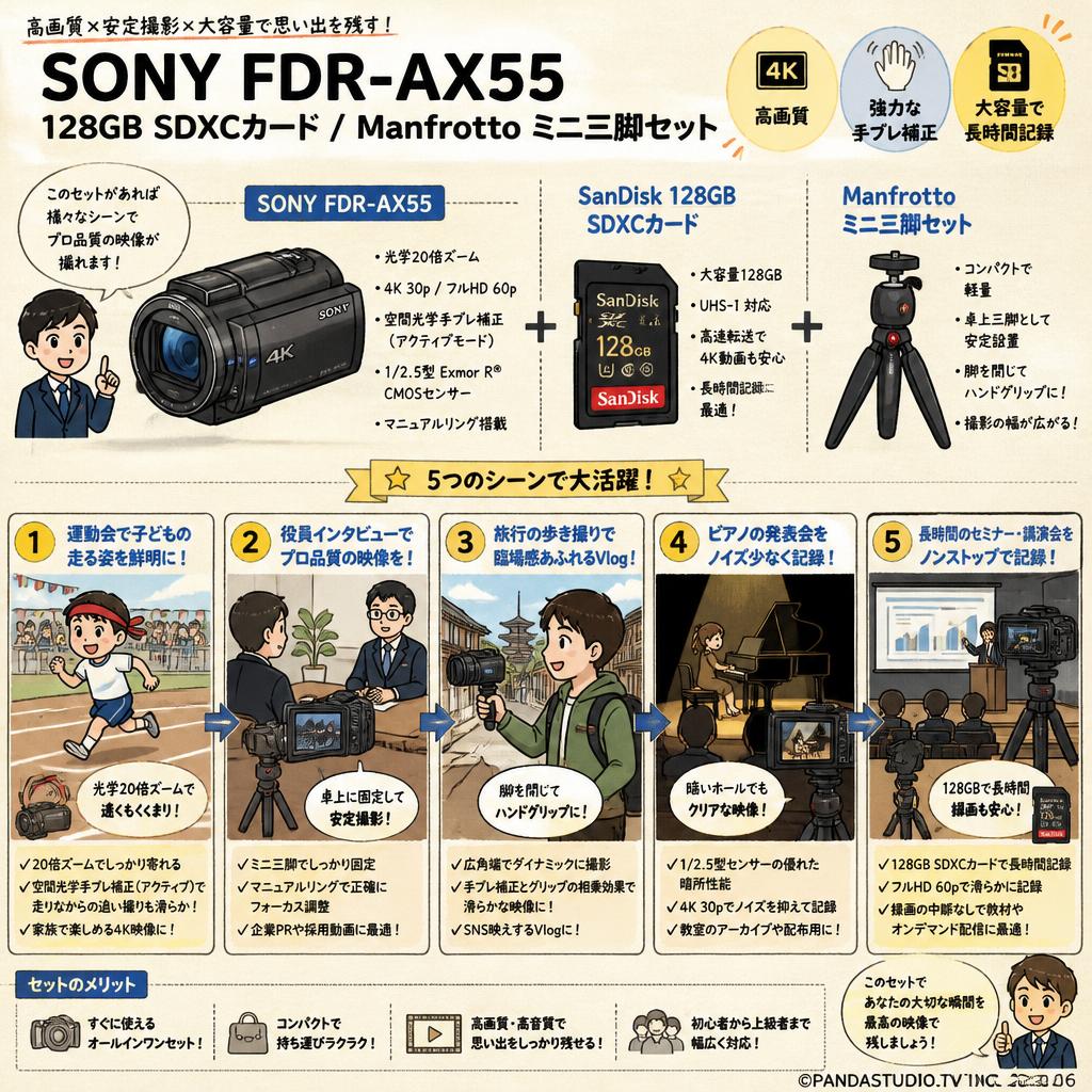 SONY FDR-AX55 / SanDisk 128GB SDXCカード/ Manfrotto ミニ三脚セット 用途
