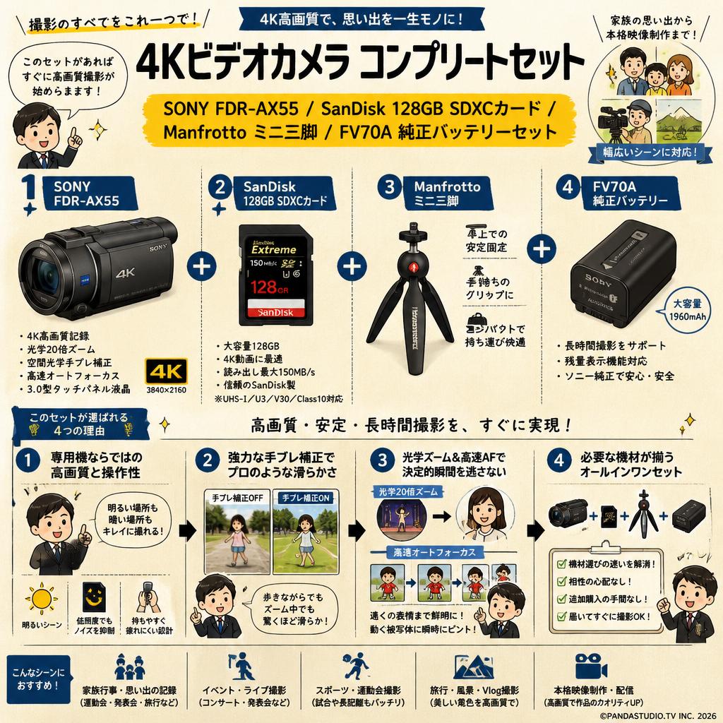 SONY FDR-AX55 / SanDisk 128GB SDXCカード/ Manfrotto ミニ三脚 / FV70A 純正バッテリーセット 概要