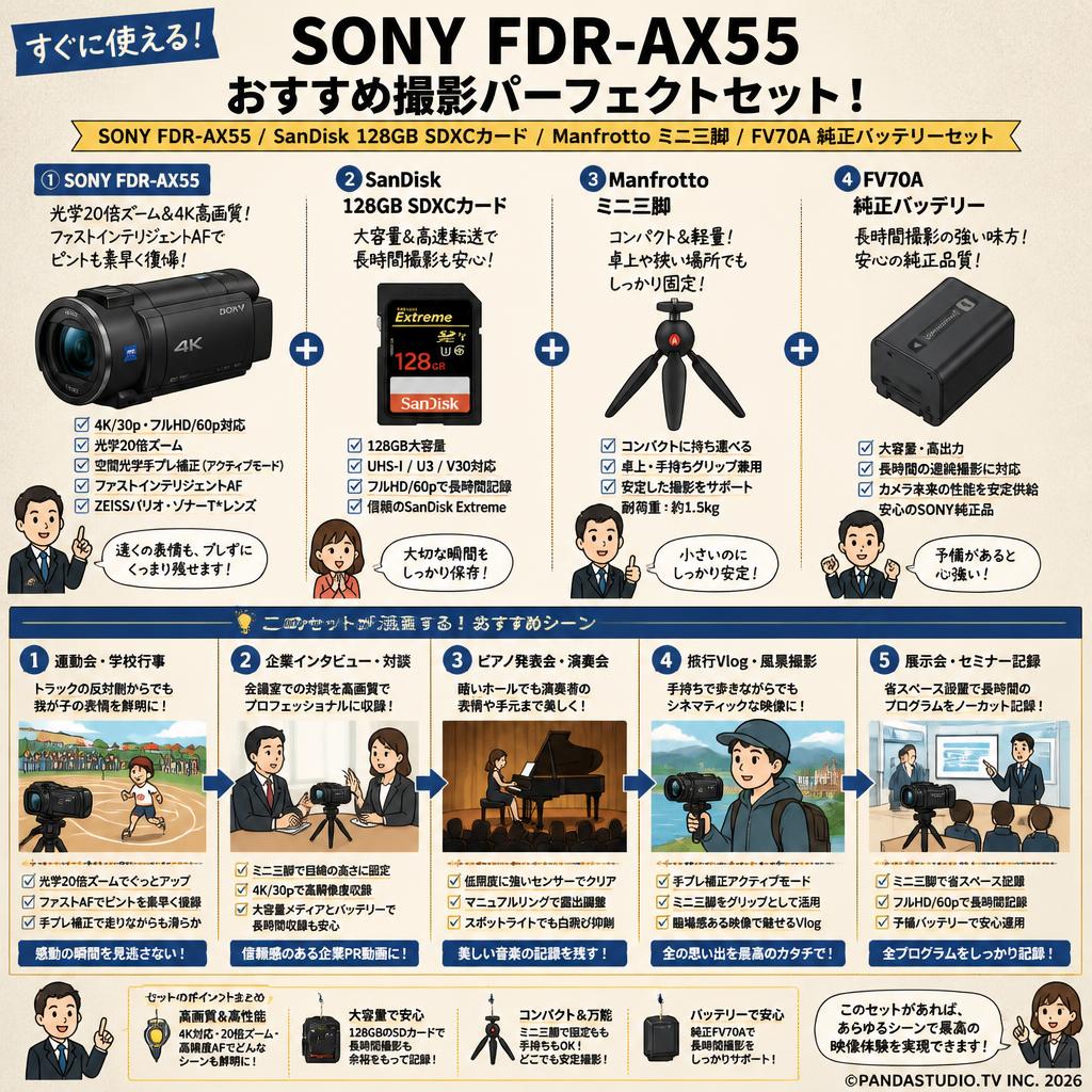 SONY FDR-AX55 / SanDisk 128GB SDXCカード/ Manfrotto ミニ三脚 / FV70A 純正バッテリーセット 用途