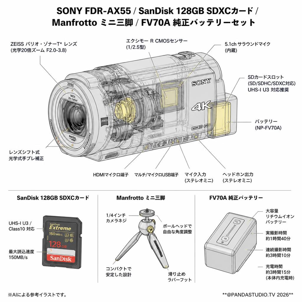 SONY FDR-AX55 / SanDisk 128GB SDXCカード/ Manfrotto ミニ三脚 / FV70A 純正バッテリーセット スペック
