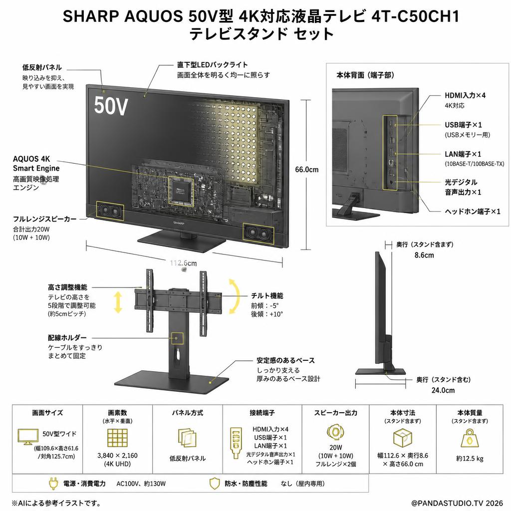 SHARP AQUOS 50V型 4K対応液晶テレビ 4T-C50CH1 / テレビスタンド セット【クロネコ発送不可/佐川急便配送】 スペック