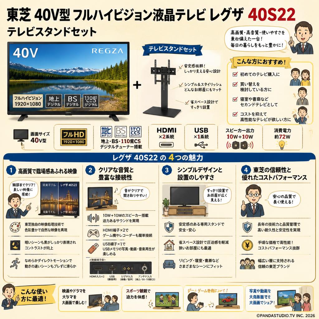 東芝 40V型 フルハイビジョン液晶テレビ レグザ 40S22 / テレビスタンドセット 概要