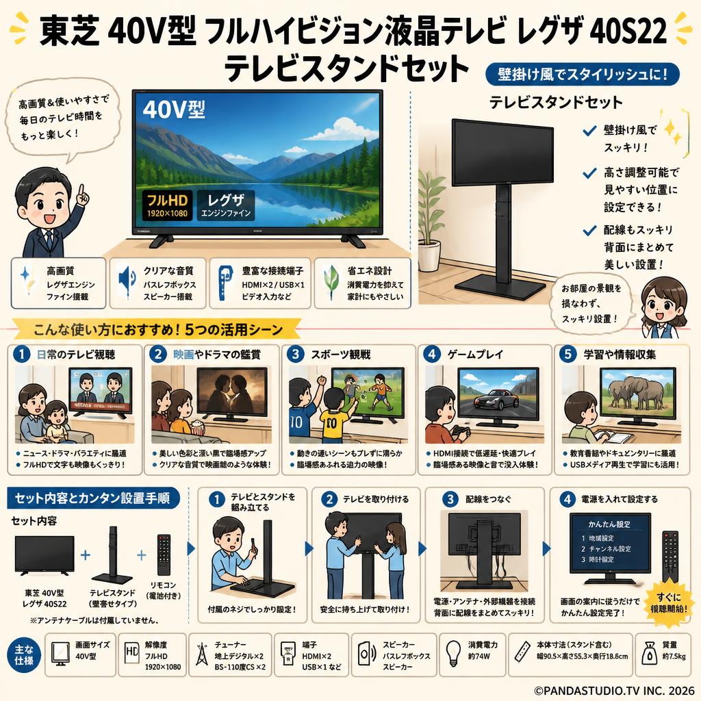 東芝 40V型 フルハイビジョン液晶テレビ レグザ 40S22 / テレビスタンドセット 用途