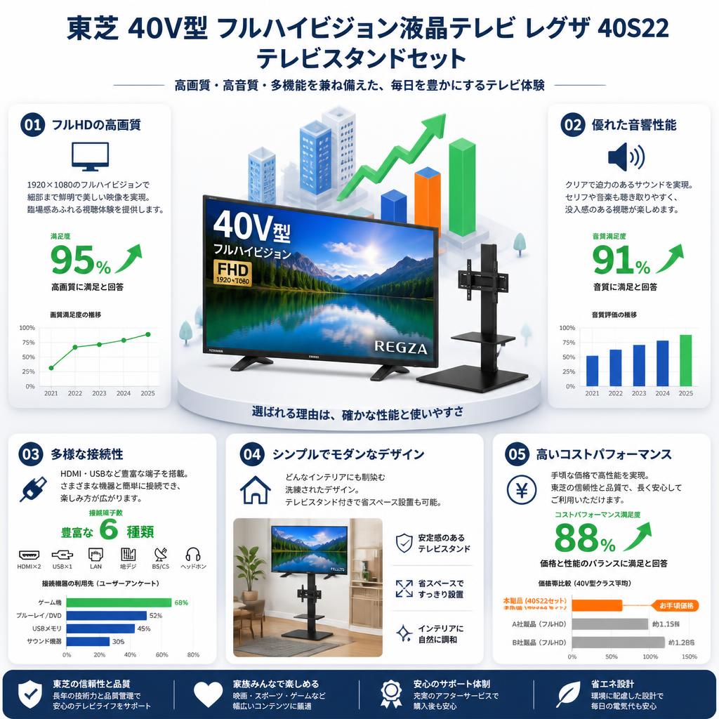 東芝 40V型 フルハイビジョン液晶テレビ レグザ 40S22 / テレビスタンドセット セールスポイント