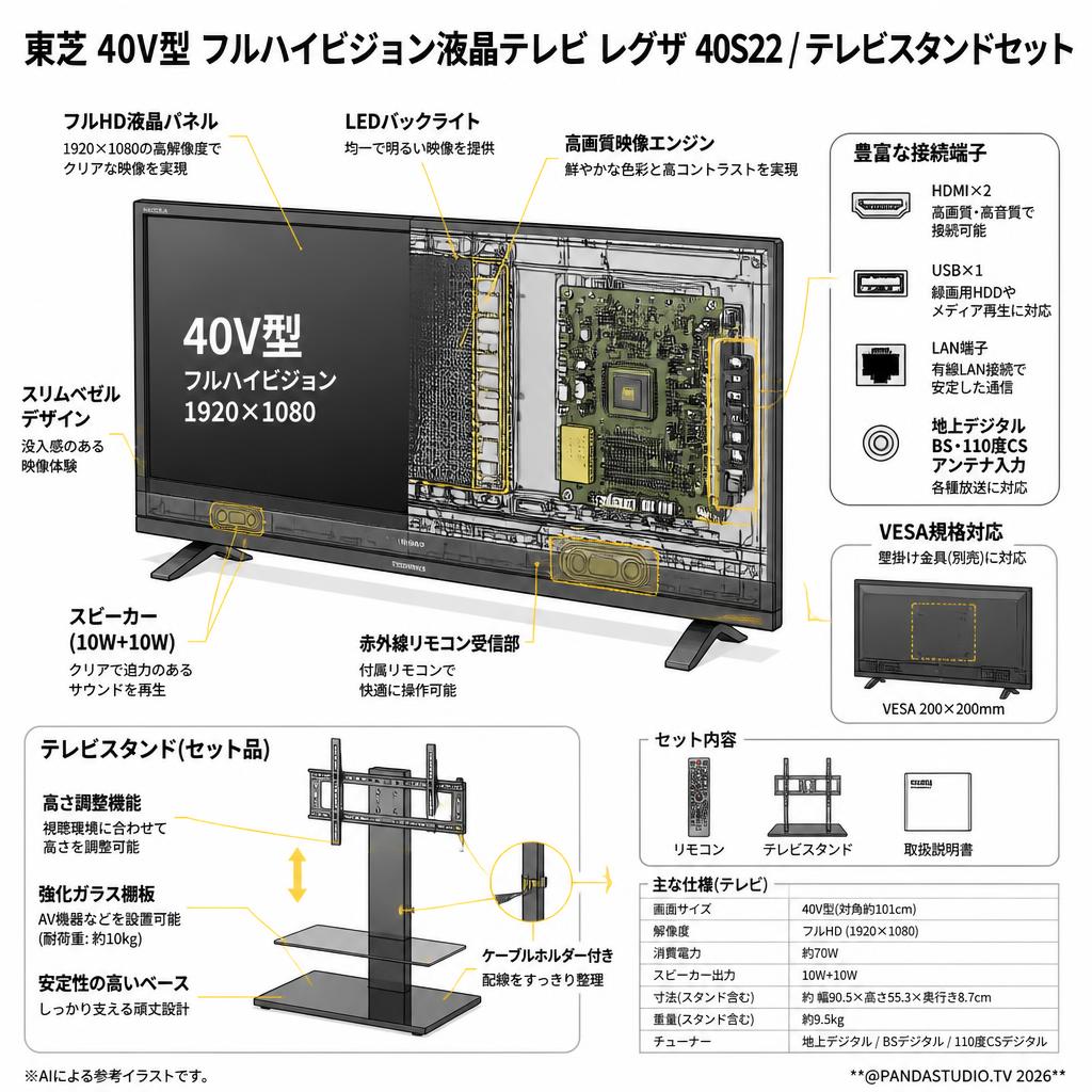 東芝 40V型 フルハイビジョン液晶テレビ レグザ 40S22 / テレビスタンドセット スペック