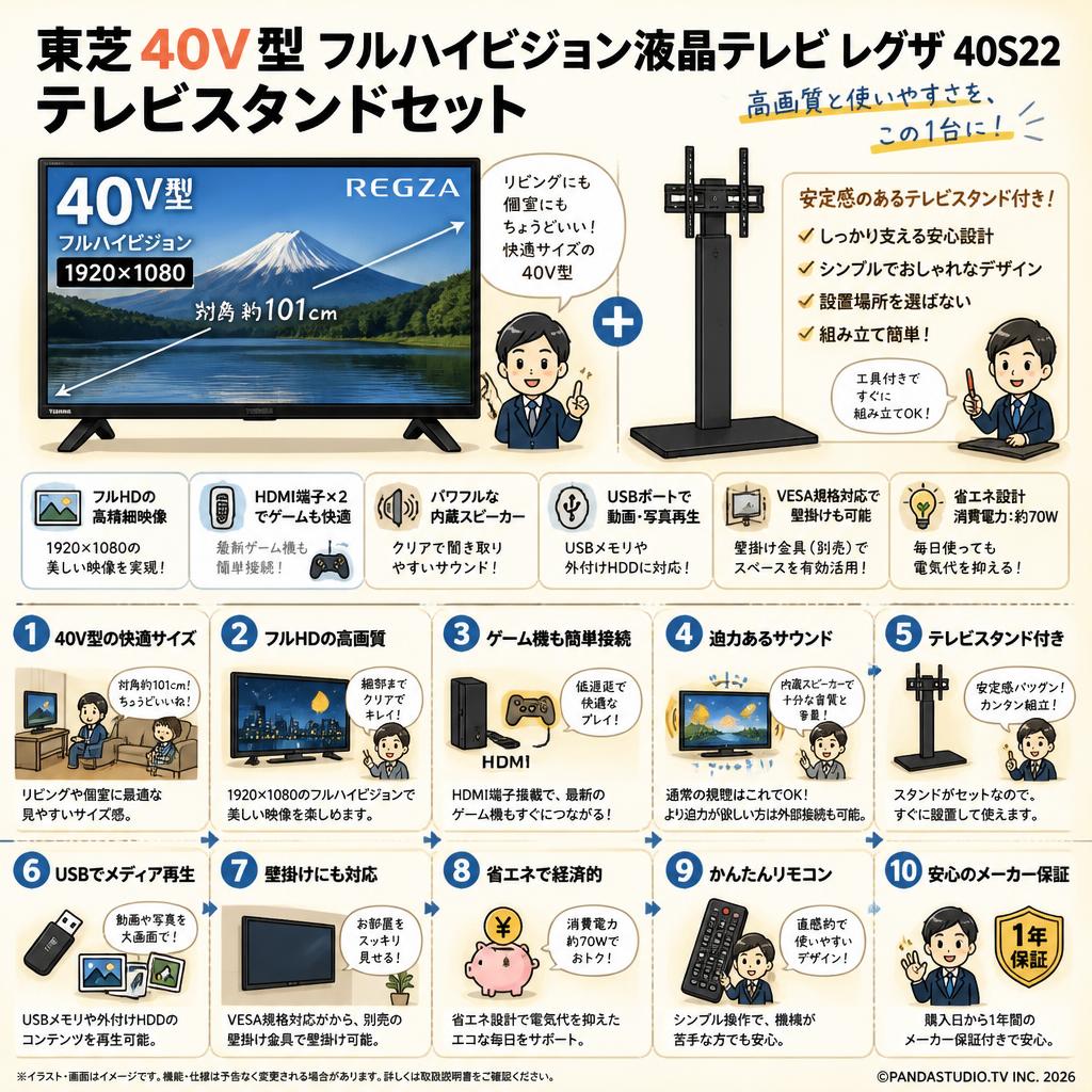 東芝 40V型 フルハイビジョン液晶テレビ レグザ 40S22 / テレビスタンドセット FAQ（よくある質問と答え）