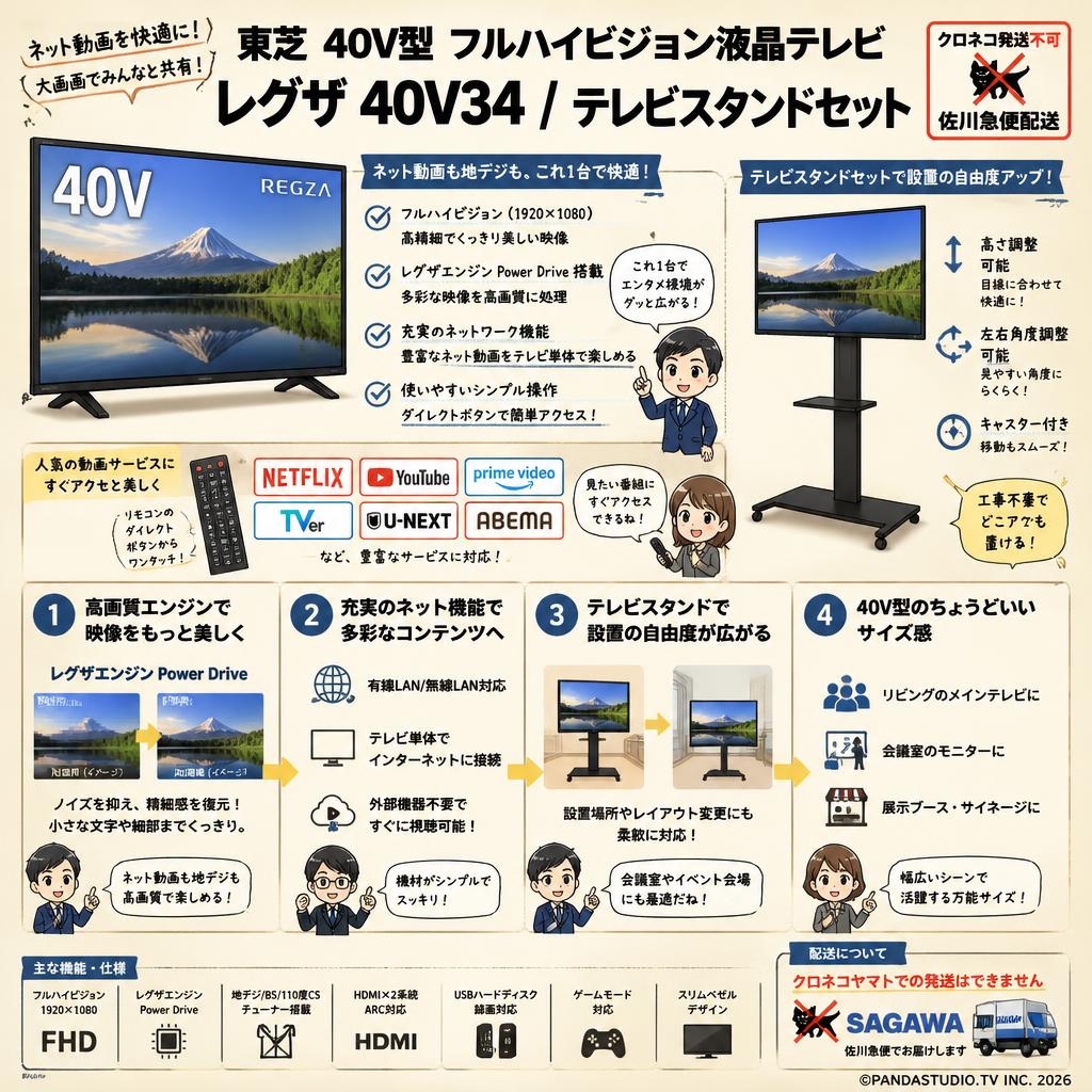 東芝 40V型 フルハイビジョン液晶テレビ レグザ 40V34 / テレビスタンドセット【クロネコ発送不可/佐川急便配送】 概要