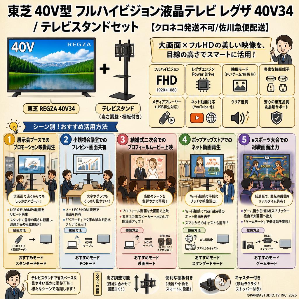 東芝 40V型 フルハイビジョン液晶テレビ レグザ 40V34 / テレビスタンドセット【クロネコ発送不可/佐川急便配送】 用途