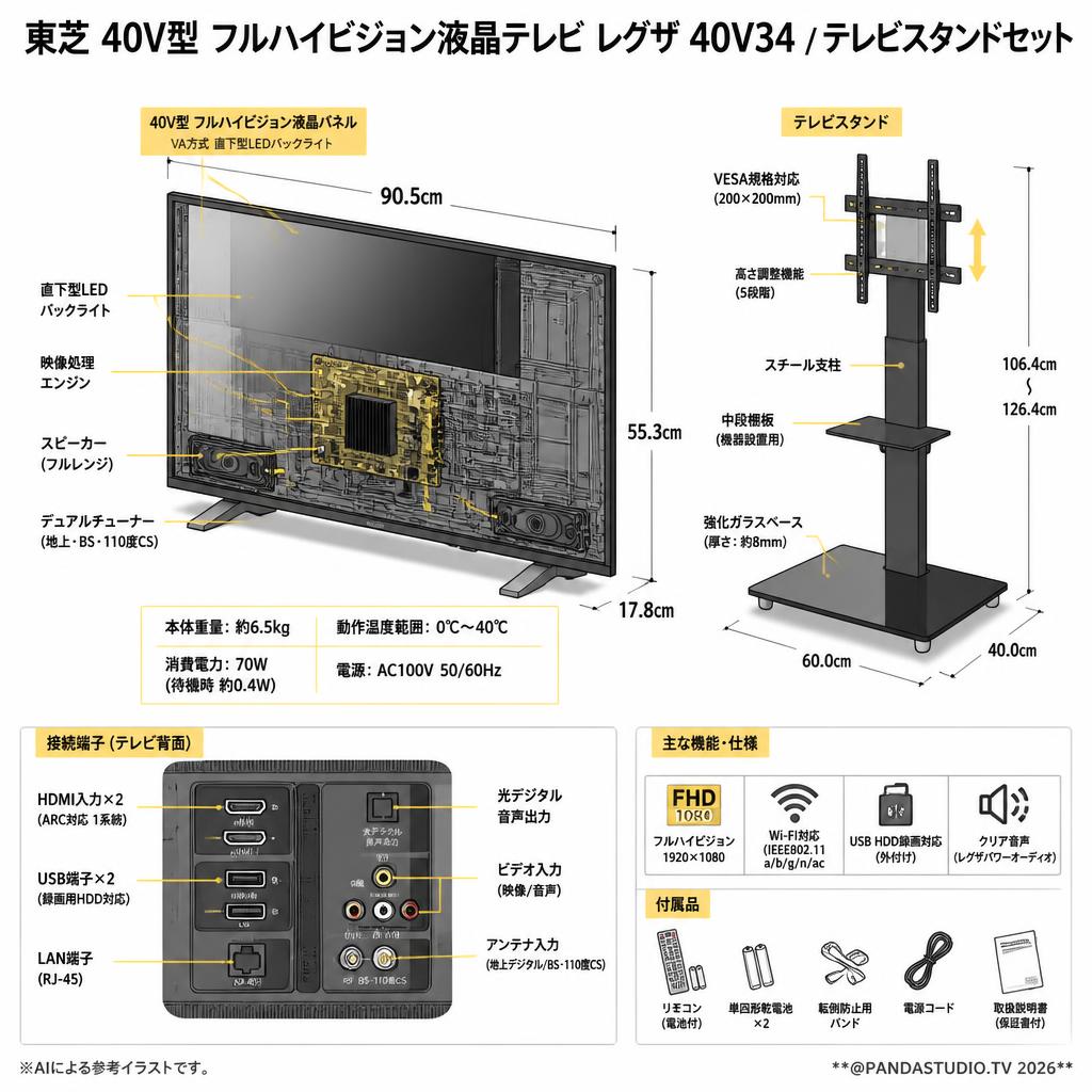 東芝 40V型 フルハイビジョン液晶テレビ レグザ 40V34 / テレビスタンドセット【クロネコ発送不可/佐川急便配送】 スペック