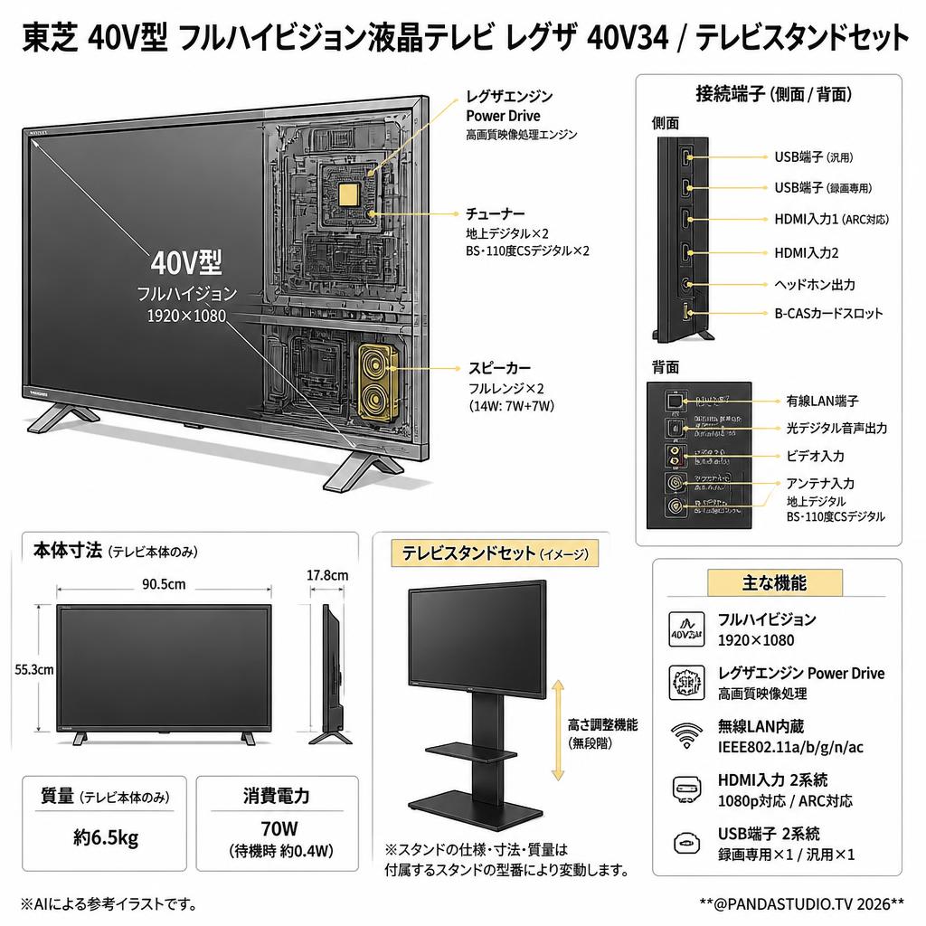 東芝 40V型 フルハイビジョン液晶テレビ レグザ 40V34 / テレビスタンドセット スペック