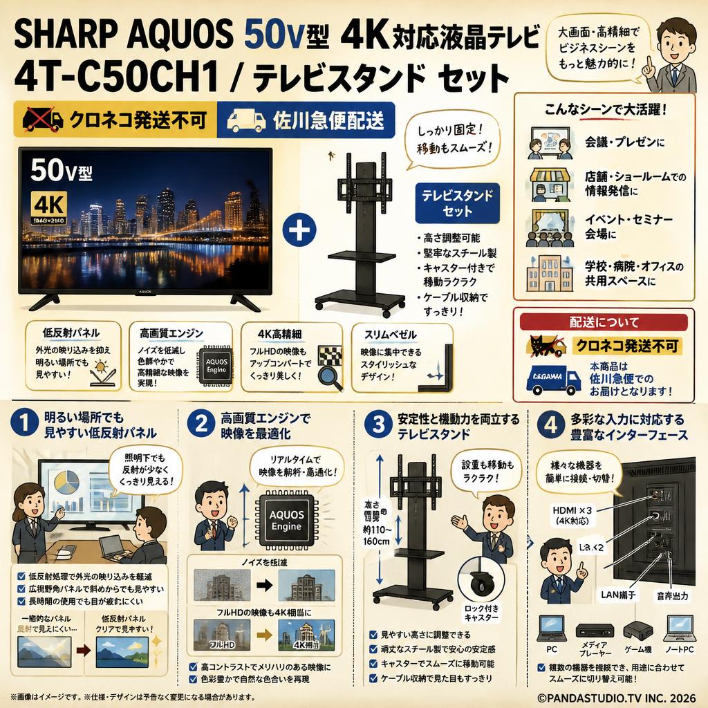 SHARP AQUOS 50V型 4K対応液晶テレビ 4T-C50CH1 / テレビスタンド セット【クロネコ発送不可/佐川急便配送】 概要