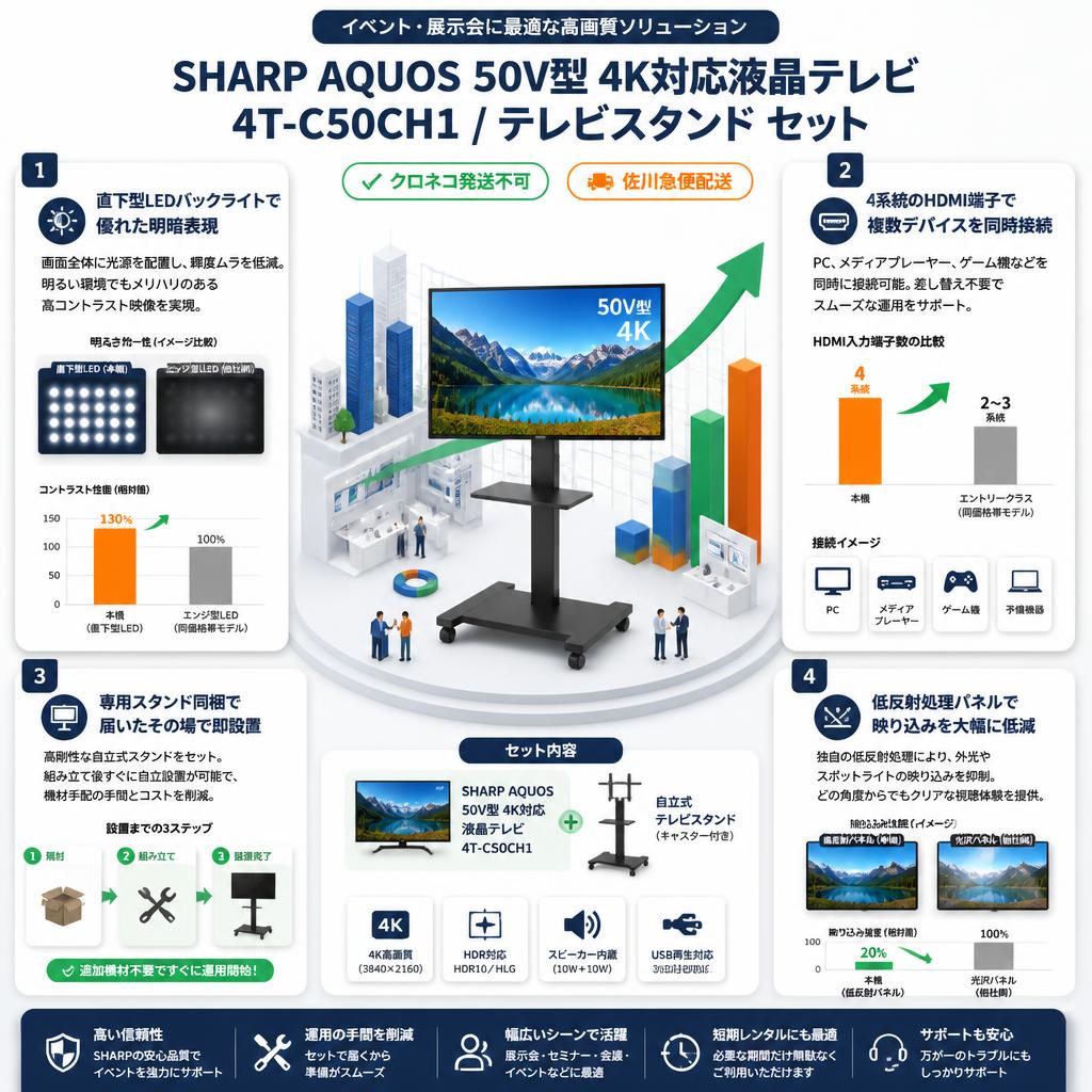 SHARP AQUOS 50V型 4K対応液晶テレビ 4T-C50CH1 / テレビスタンド セット【クロネコ発送不可/佐川急便配送】 セールスポイント