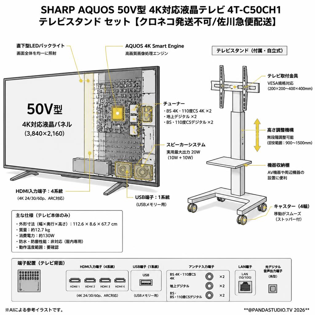 SHARP AQUOS 50V型 4K対応液晶テレビ 4T-C50CH1 / テレビスタンド セット【クロネコ発送不可/佐川急便配送】 スペック