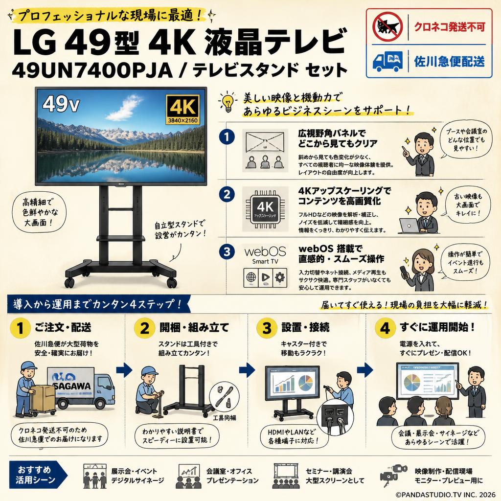 LG 49型 4K 液晶テレビ 49UN7400PJA / テレビスタンド  セット【クロネコ発送不可/佐川急便配送】 概要