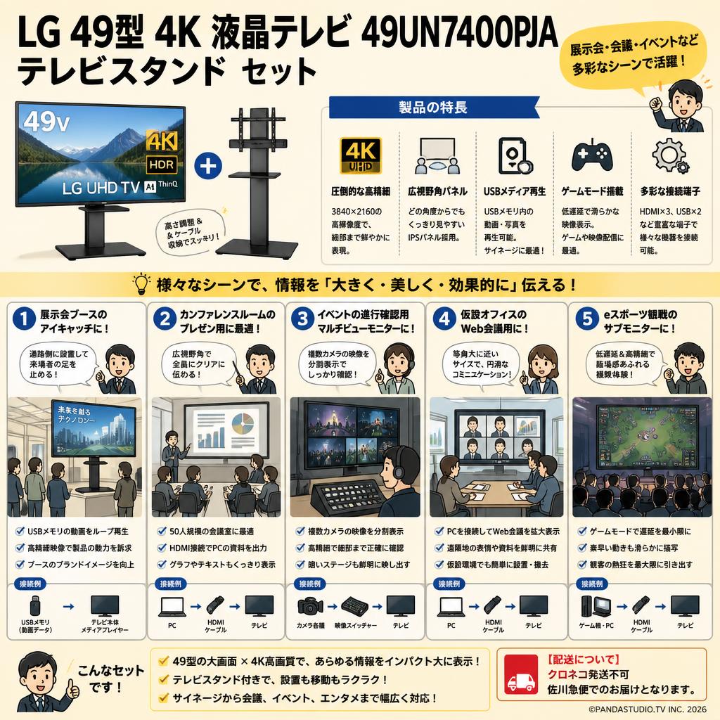 LG 49型 4K 液晶テレビ 49UN7400PJA / テレビスタンド  セット【クロネコ発送不可/佐川急便配送】 用途