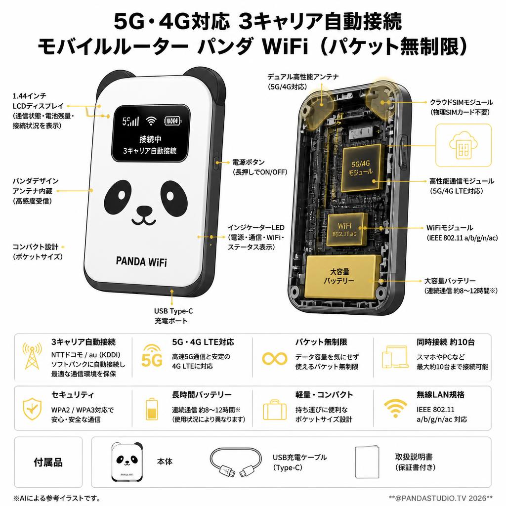 5G・4G対応 3キャリア自動接続 モバイルルーター パンダ WiFi（パケット無制限） スペック