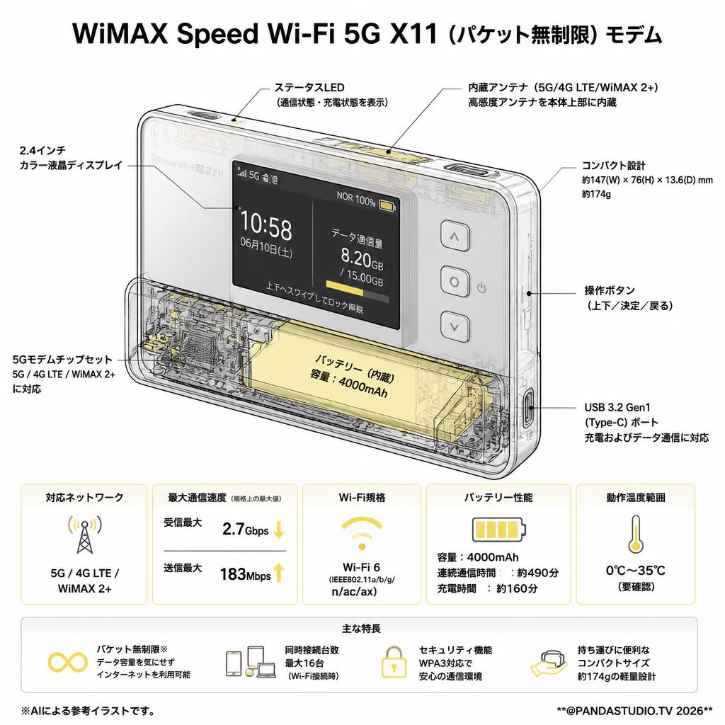 WiMAX Speed Wi-Fi 5G X11（パケット無制限）モデム スペック