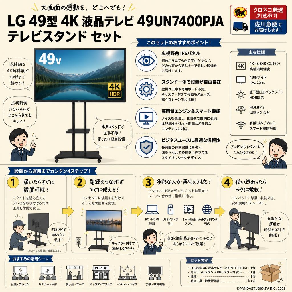LG 49型 4K 液晶テレビ 49UN7400PJA / テレビスタンド  セット【クロネコ発送不可/佐川急便配送】 概要