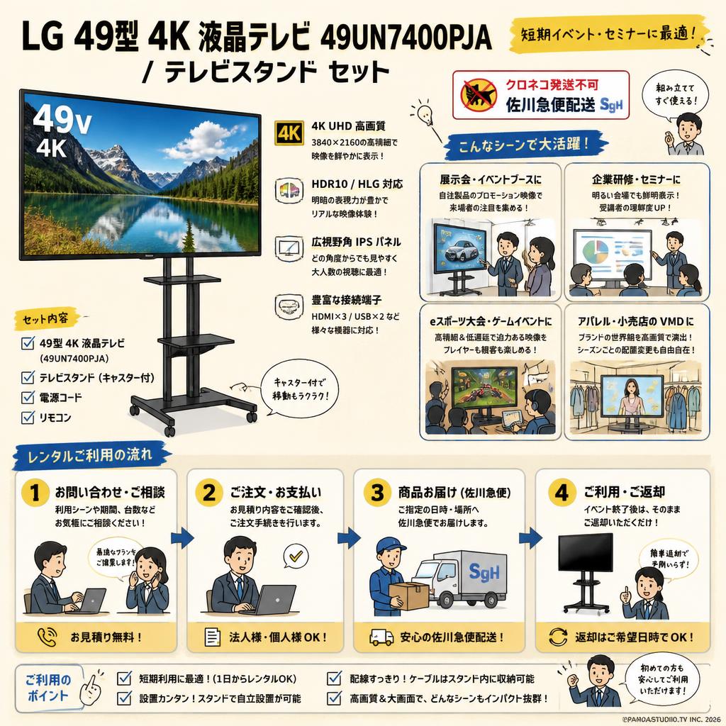 LG 49型 4K 液晶テレビ 49UN7400PJA / テレビスタンド  セット【クロネコ発送不可/佐川急便配送】 おもな対象のお客様
