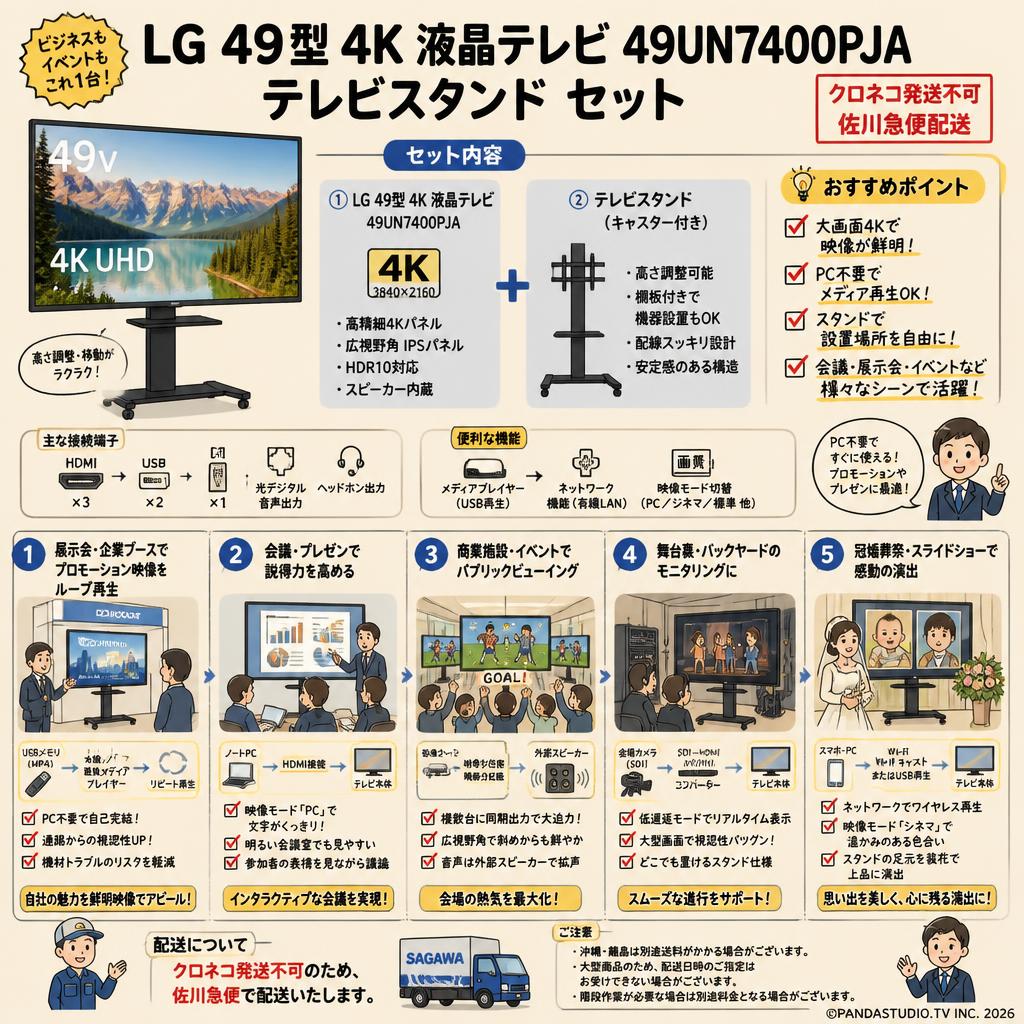 LG 49型 4K 液晶テレビ 49UN7400PJA / テレビスタンド  セット【クロネコ発送不可/佐川急便配送】 用途