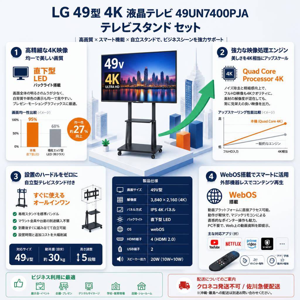 LG 49型 4K 液晶テレビ 49UN7400PJA / テレビスタンド  セット【クロネコ発送不可/佐川急便配送】 セールスポイント