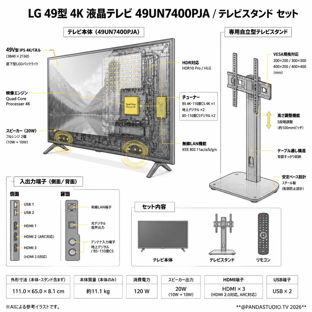 LG 49型 4K 液晶テレビ 49UN7400PJA / テレビスタンド  セット【クロネコ発送不可/佐川急便配送】 スペック