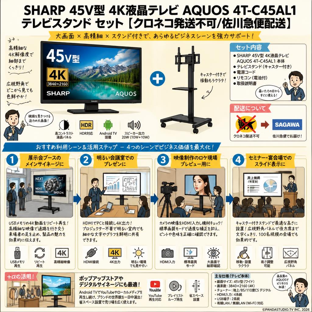 SHARP 45V型 4K液晶テレビ AQUOS 4T-C45AL1 / テレビスタンド セット【クロネコ発送不可/佐川急便配送】 用途