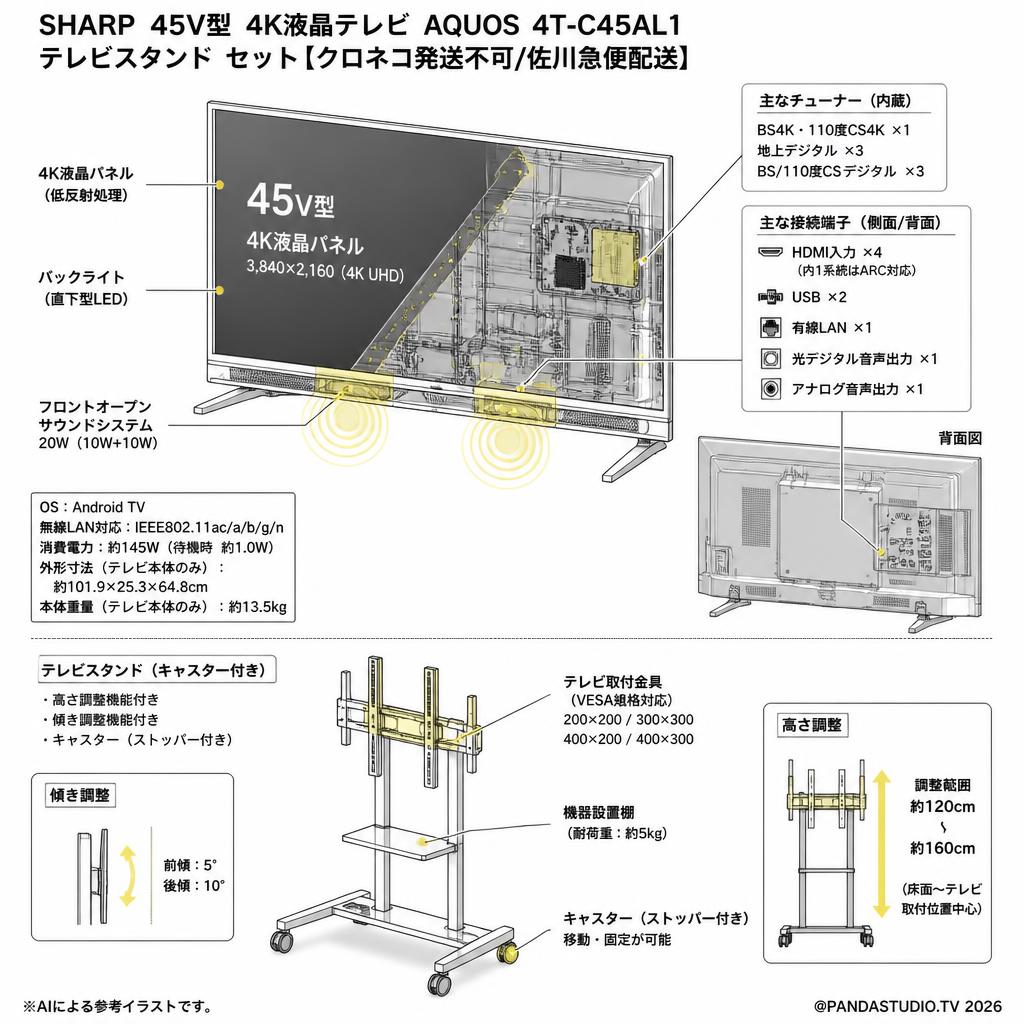 SHARP 45V型 4K液晶テレビ AQUOS 4T-C45AL1 / テレビスタンド セット【クロネコ発送不可/佐川急便配送】 スペック