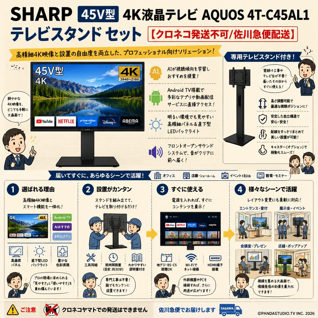 SHARP 45V型 4K液晶テレビ AQUOS 4T-C45AL1 / テレビスタンド セット【クロネコ発送不可/佐川急便配送】 概要
