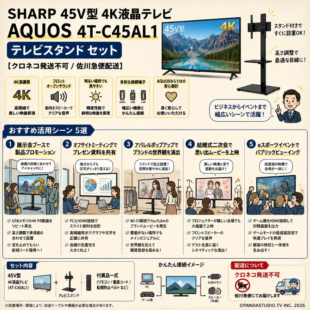 SHARP 45V型 4K液晶テレビ AQUOS 4T-C45AL1 / テレビスタンド セット【クロネコ発送不可/佐川急便配送】 用途
