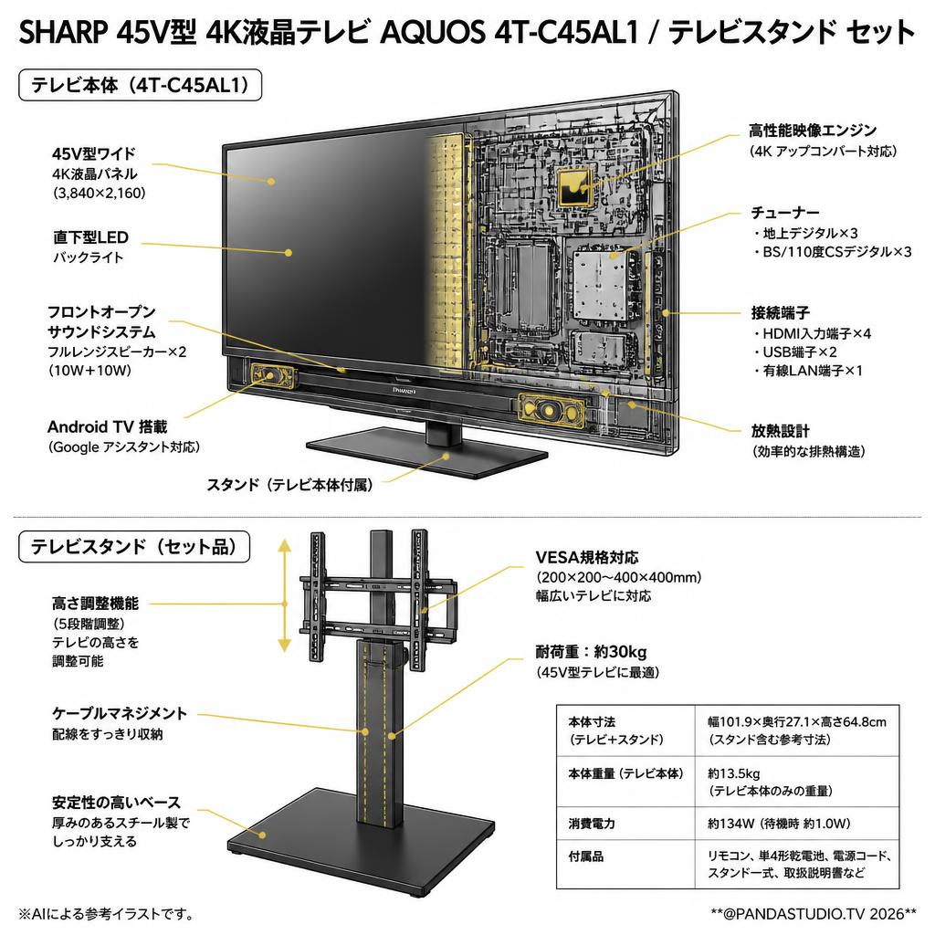 SHARP 45V型 4K液晶テレビ AQUOS 4T-C45AL1 / テレビスタンド セット【クロネコ発送不可/佐川急便配送】 スペック