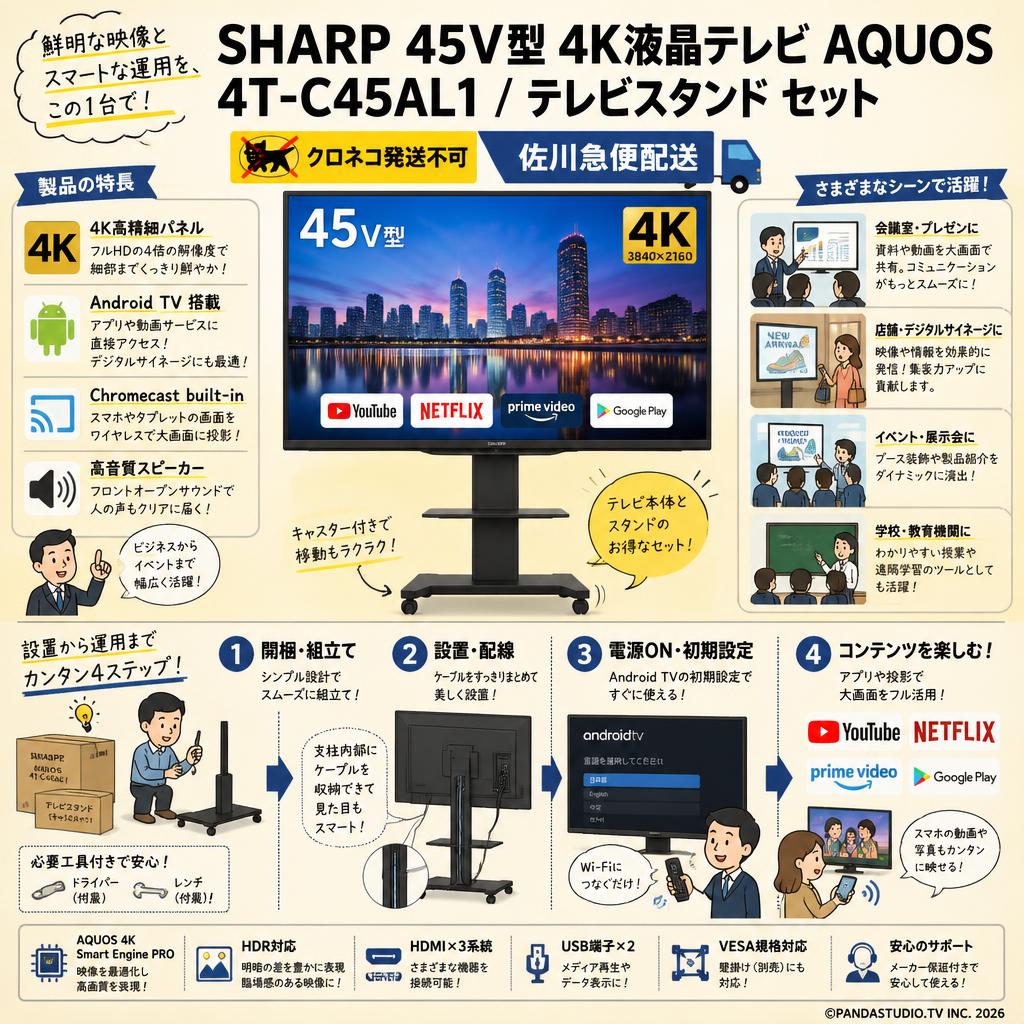 SHARP 45V型 4K液晶テレビ AQUOS 4T-C45AL1 / テレビスタンド セット【クロネコ発送不可/佐川急便配送】 概要