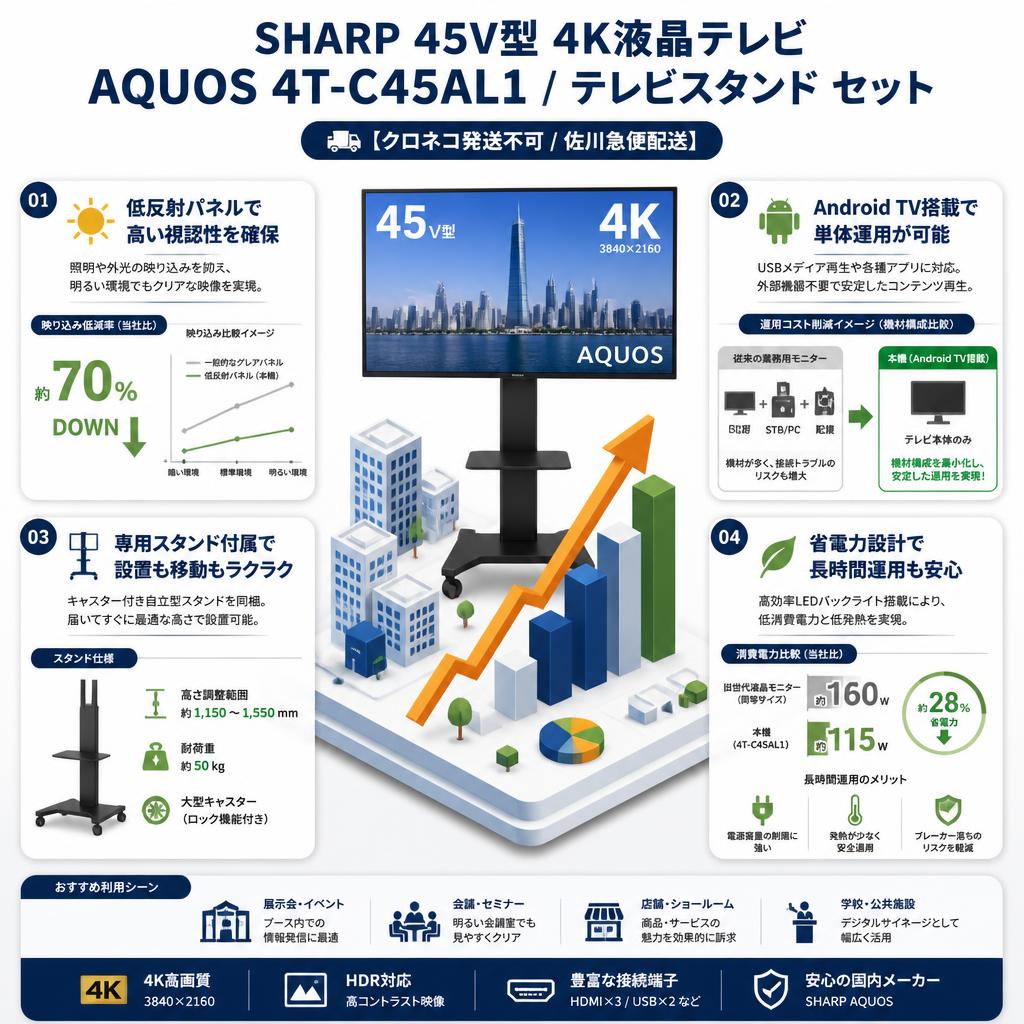 SHARP 45V型 4K液晶テレビ AQUOS 4T-C45AL1 / テレビスタンド セット【クロネコ発送不可/佐川急便配送】 セールスポイント