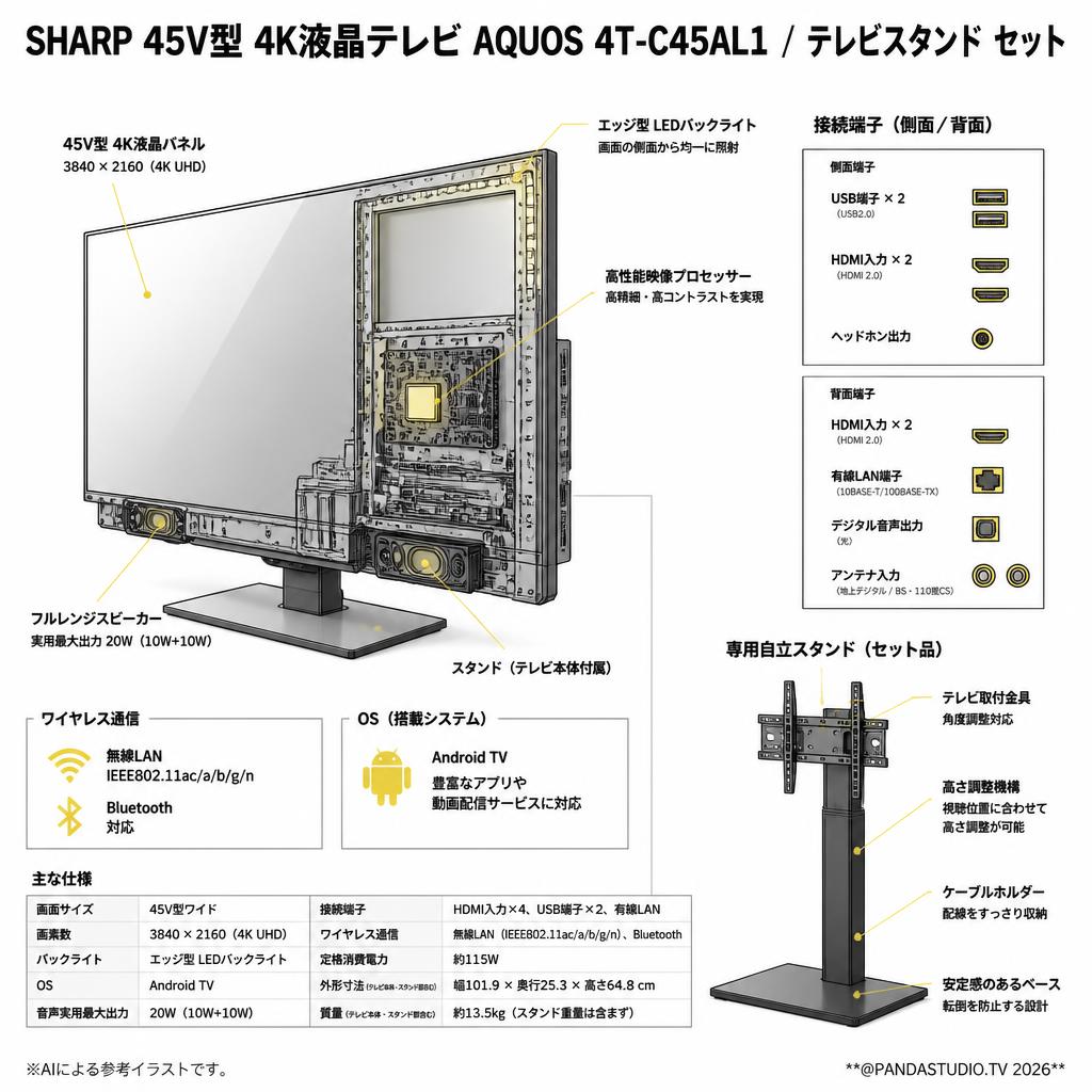SHARP 45V型 4K液晶テレビ AQUOS 4T-C45AL1 / テレビスタンド セット【クロネコ発送不可/佐川急便配送】 スペック