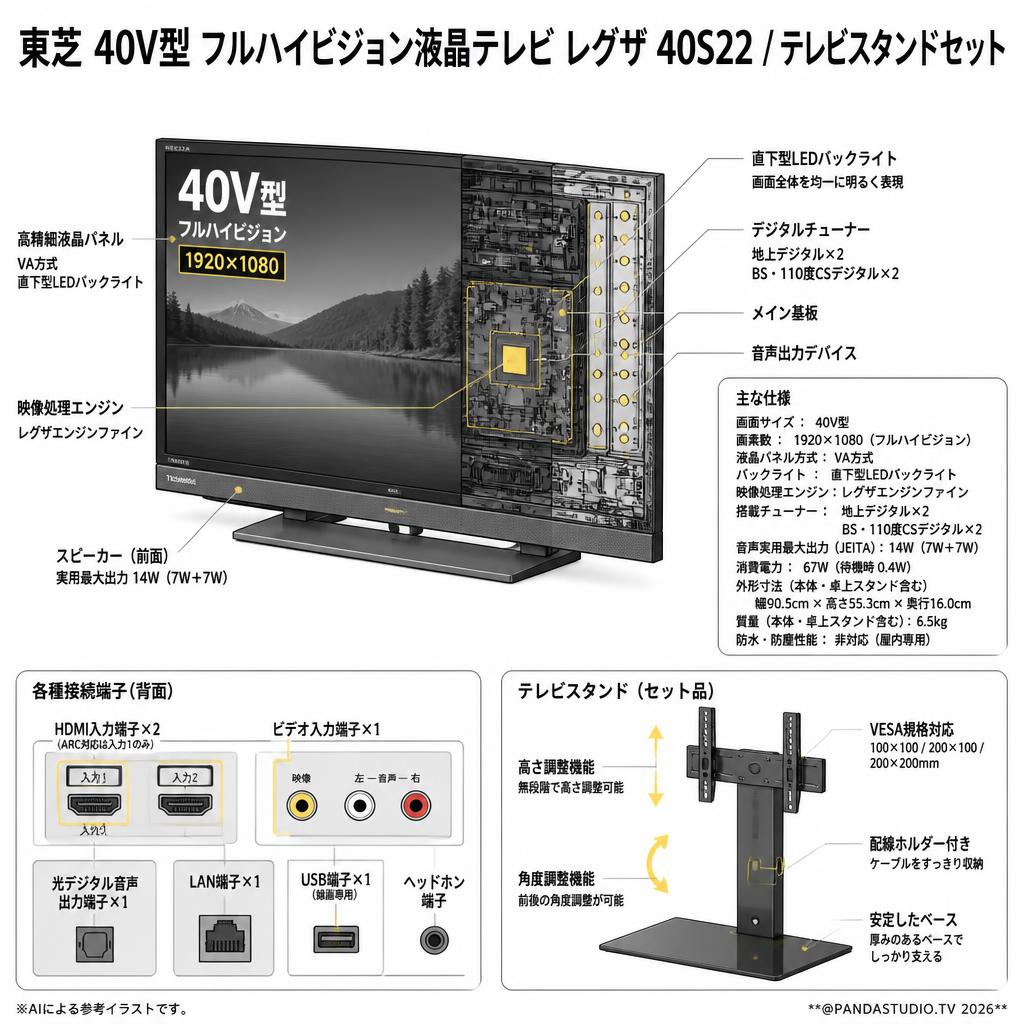 東芝 40V型 フルハイビジョン液晶テレビ レグザ 40S22 / テレビスタンドセット スペック