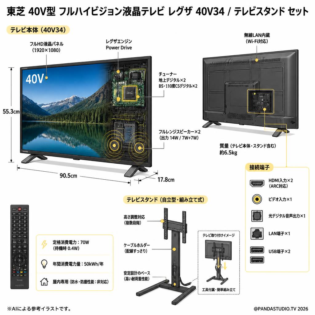 東芝 40V型 フルハイビジョン液晶テレビ レグザ 40V34 / テレビスタンド セット スペック