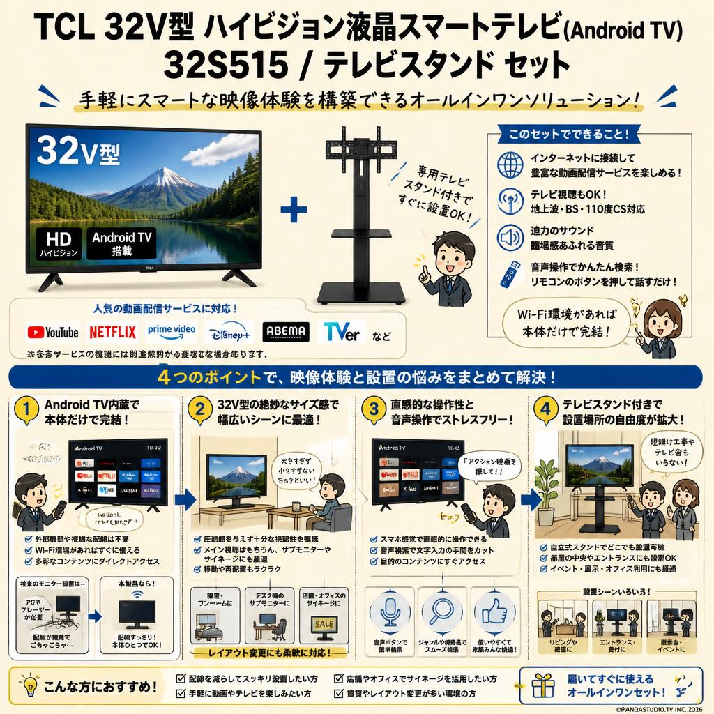 TCL 32V型 ハイビジョン液晶スマートテレビ(Android TV) 32S515 / テレビスタンド セット 概要