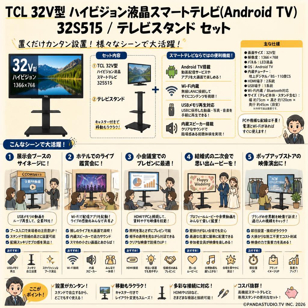 TCL 32V型 ハイビジョン液晶スマートテレビ(Android TV) 32S515 / テレビスタンド セット 用途