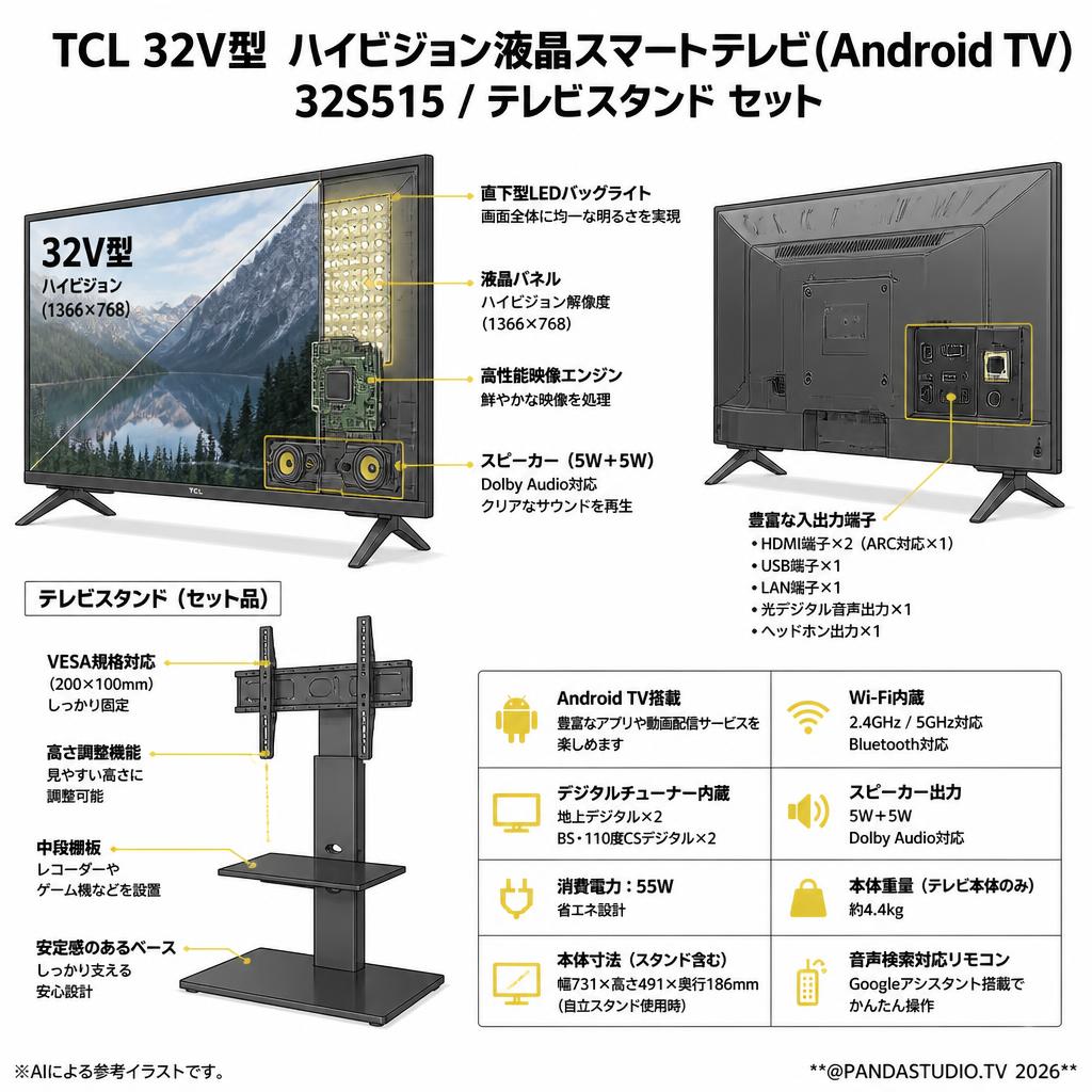 TCL 32V型 ハイビジョン液晶スマートテレビ(Android TV) 32S515 / テレビスタンド セット スペック