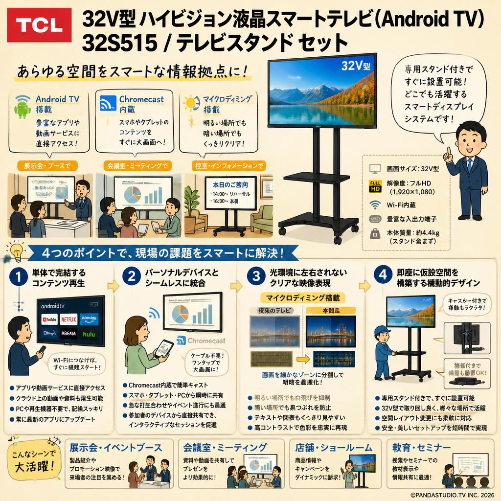 TCL 32V型 ハイビジョン液晶スマートテレビ(Android TV) 32S515 / テレビスタンド セット 概要