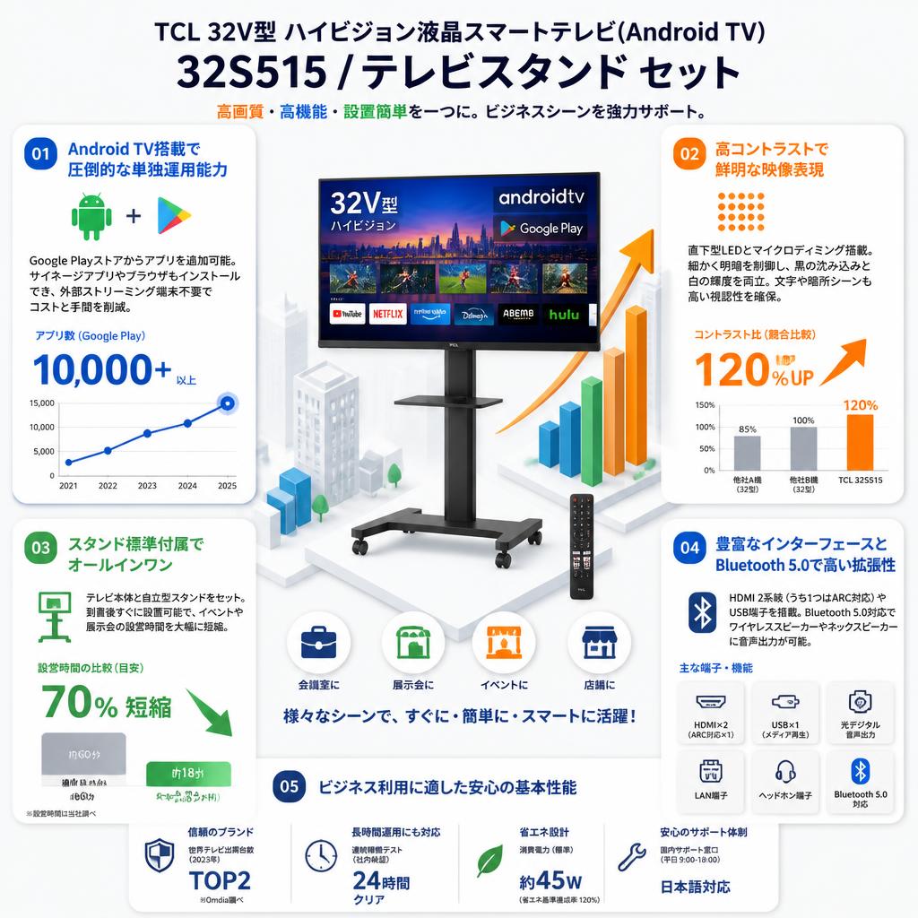 TCL 32V型 ハイビジョン液晶スマートテレビ(Android TV) 32S515 / テレビスタンド セット セールスポイント