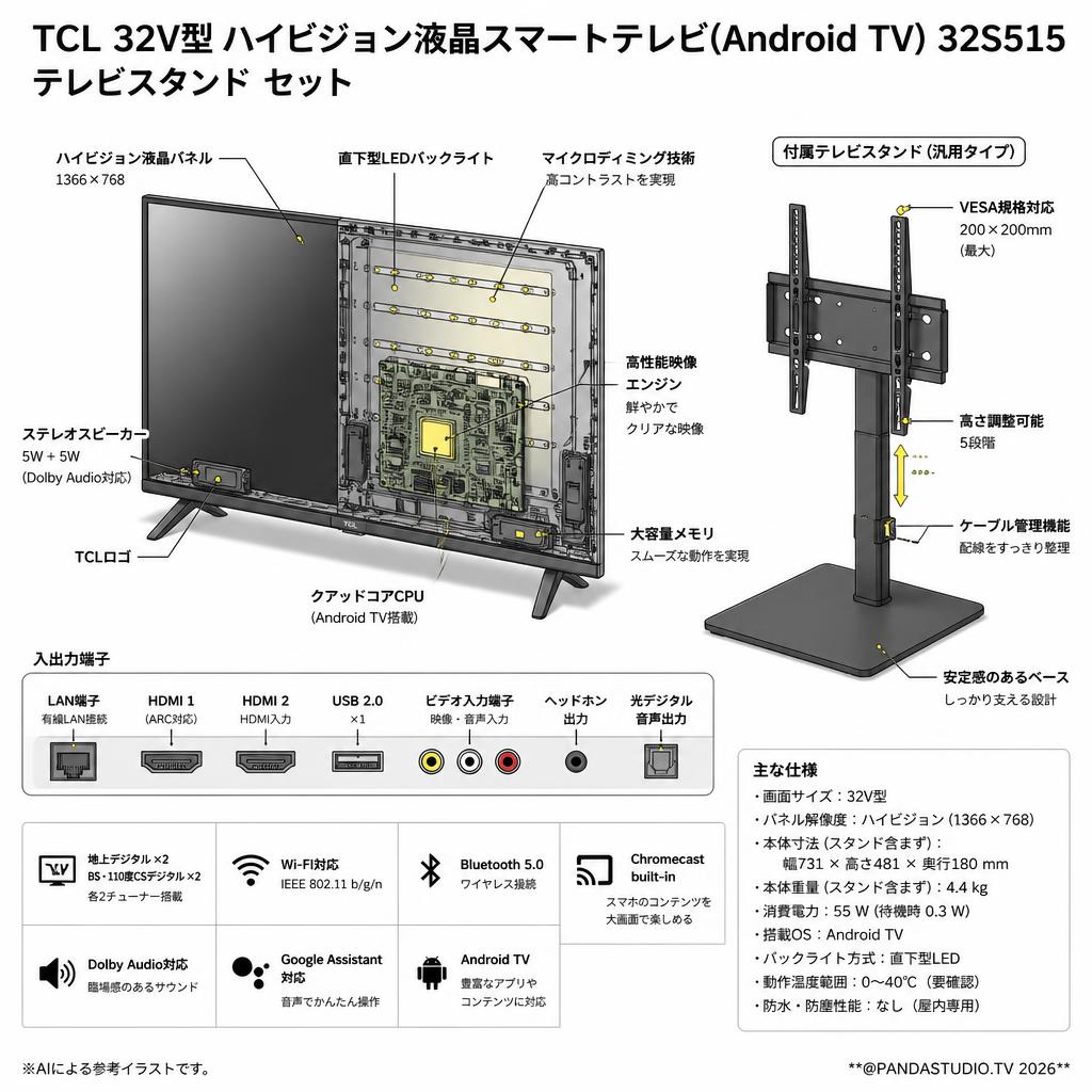 TCL 32V型 ハイビジョン液晶スマートテレビ(Android TV) 32S515 / テレビスタンド セット スペック