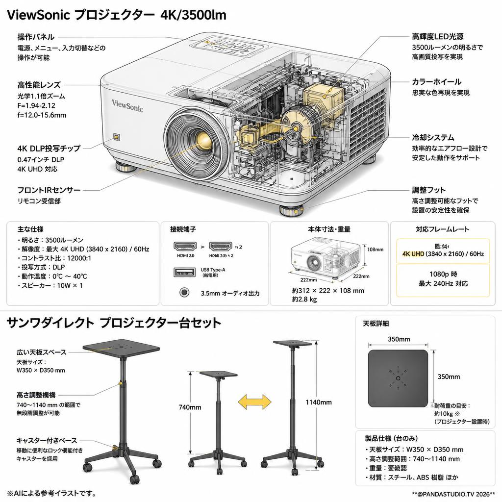 ViewSonic プロジェクター 4K/3500lm / サンワダイレクト プロジェクター台セット スペック