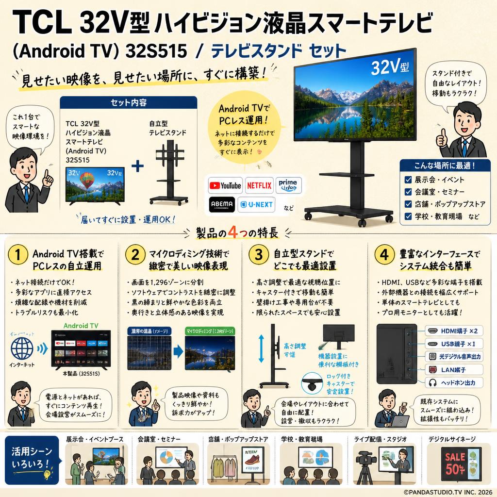 TCL 32V型 ハイビジョン液晶スマートテレビ(Android TV) 32S515 / テレビスタンド セット 概要